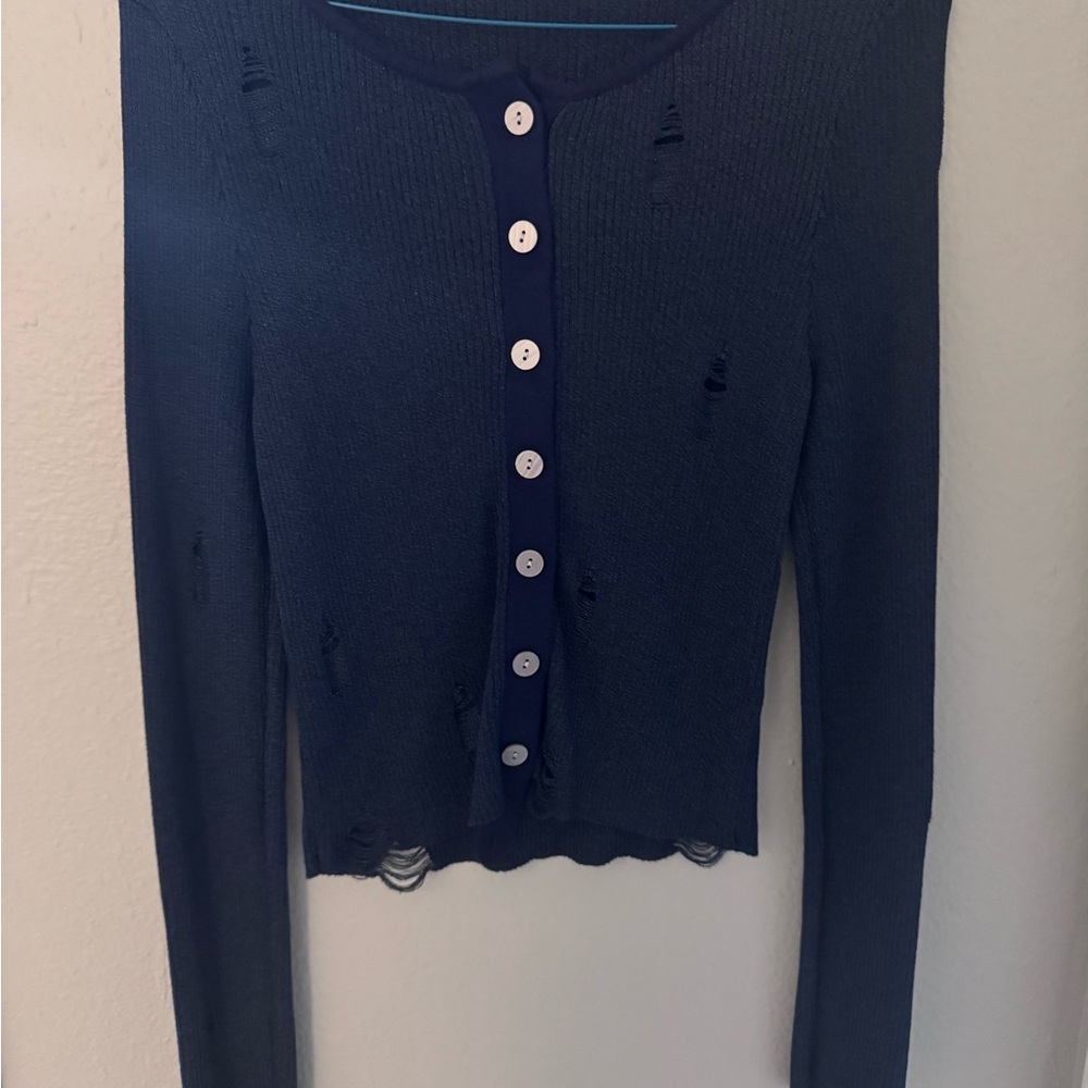 Navy Distressed Button-Up Cardigan